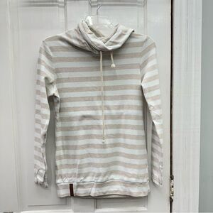 & Ampersand Avenue long sleeve tan white striped shirt‎ women's medium cowl neck